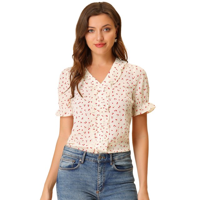 INSPIRE CHIC Women's Cherry Print Ruffle V Neck Short Sleeve Summer Blouses 1 M