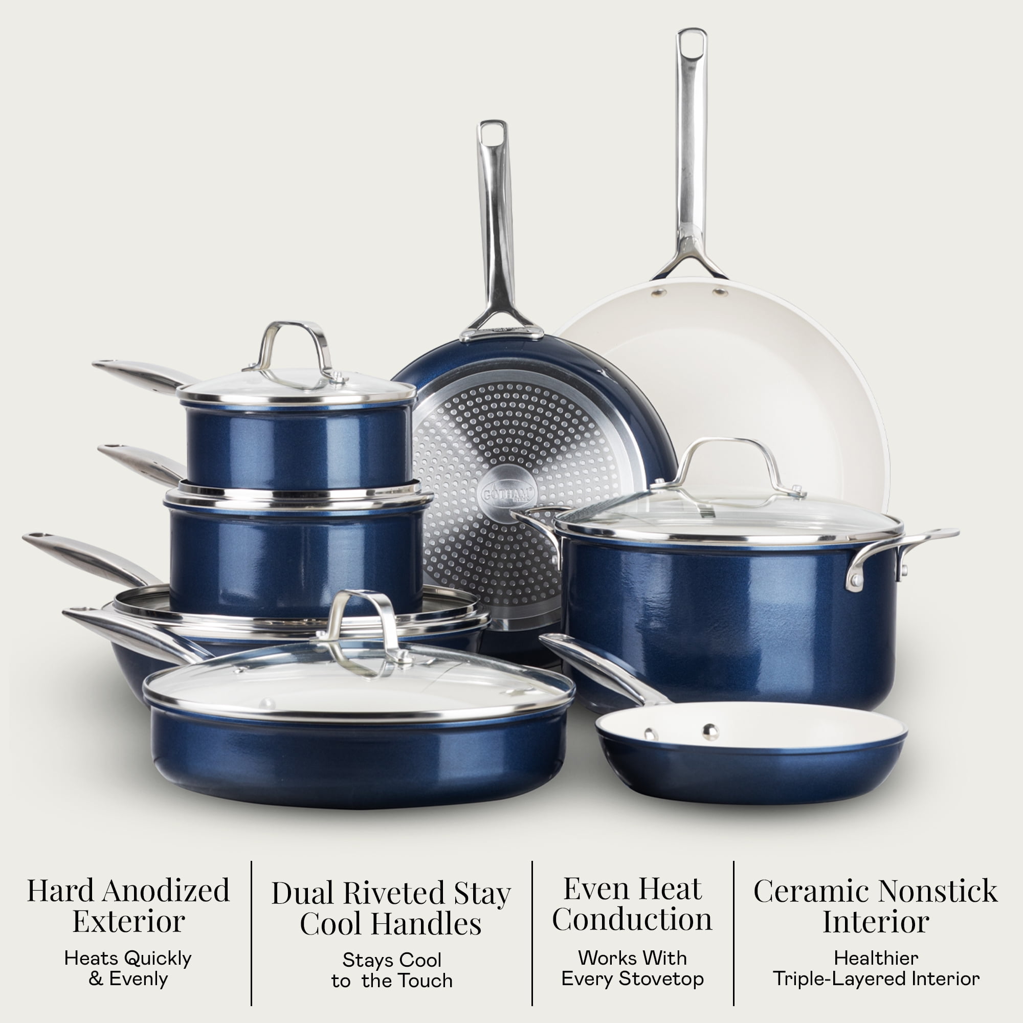 Gotham Steel Pro 13 Pc Ceramic Pots and Pans Set Non Stick, Ceramic Cookware Set, Induction Ready Pot and Pan Set, Forged Aluminum Construction, Dishwasher Safe, Natural Collection