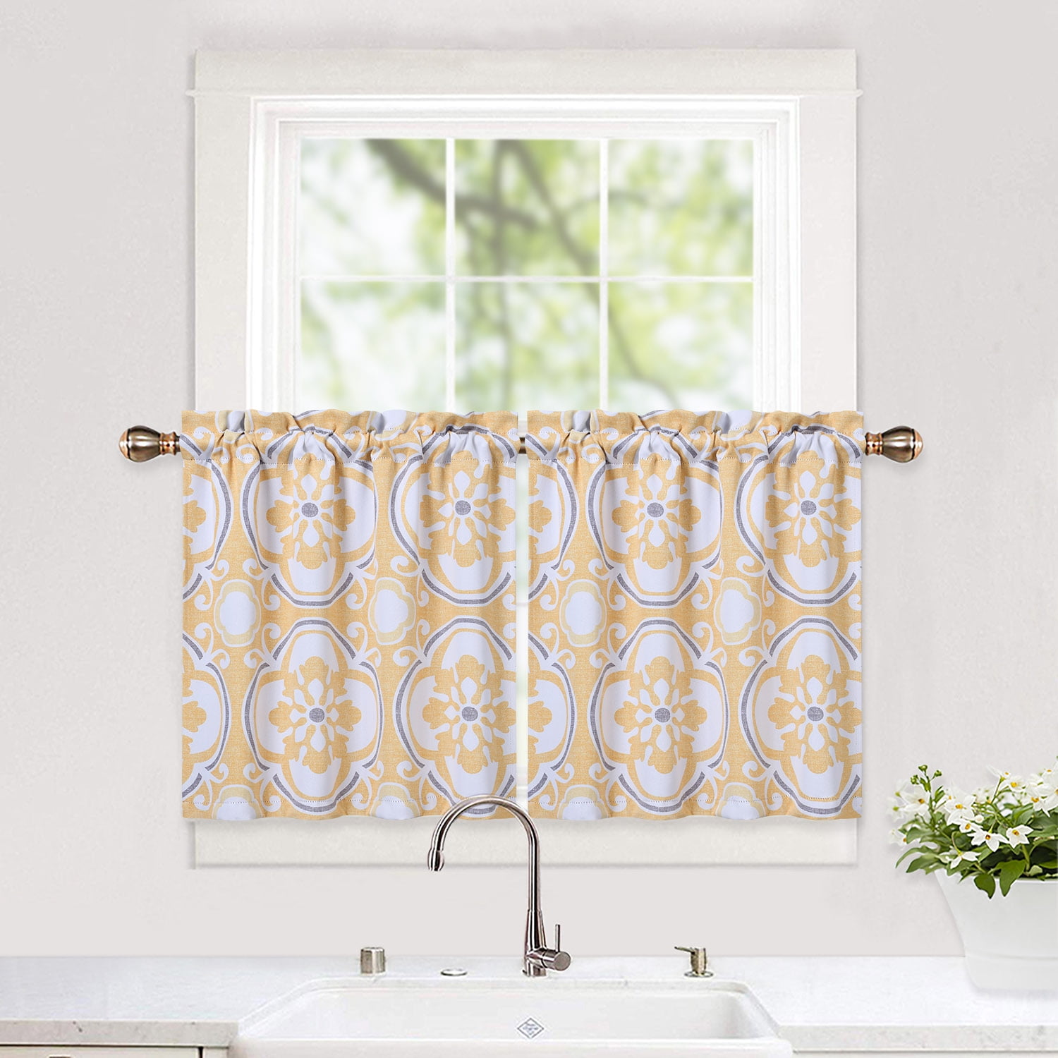 Haperlare Yellow Floral Kitchen Curtains 24 inches Living Room Light Filtering Curtains ...