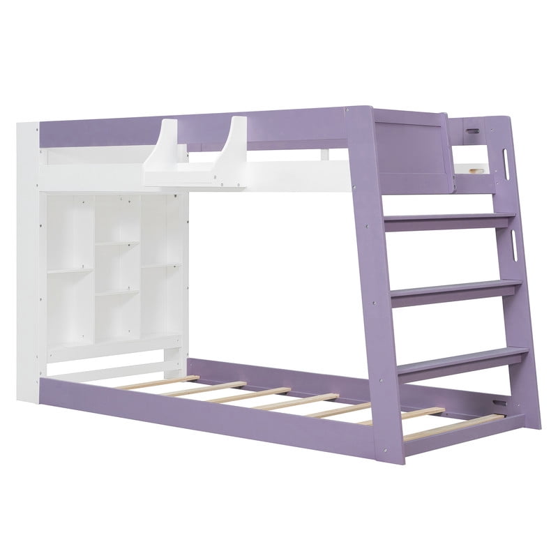 Twin-Over-Twin XL Kids/Teens Bunk Bed with Open Shelves & Guardrail, Accent Two-Tone Wood Storage Bed Frame with Bedside Rack