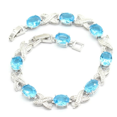 Elegant Womens 925 Sterling Silver Infinity Bracelet with Blue and White CZ