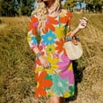 thumbnail image 3 of Colorful Happy Flower Art Print Sweetheart Knot Flared Dress Fashion Design Large Size Loose Dress Spring Summer Women Dress, 3 of 9