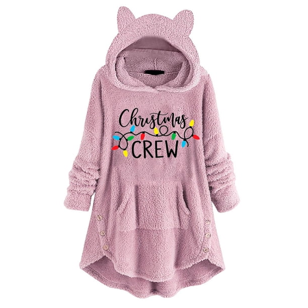 Abrigo de Invierno de Navidad Para Mujer Tops de Felpa Botones de Impresión Casual Abrigo de Felpa Con Capucha de Manga Larga Odeerbi ODB191694
