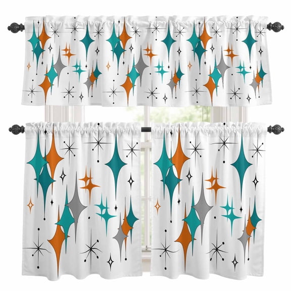 Boho Middle Century Kitchen Curtains Sets for Windows 24 Inch Length, Retro Orange Teal Grey Star Rhombus Rod Pocket Window Treatments Tier Curtains and Valances Set for Bedroom/Bathroom