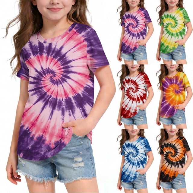 Ashirexll T-Shirts pour Filles à Manches Courtes Imprimés Col Rond Demi-Manches Haut pour Enfants Décontracté Polyvalent