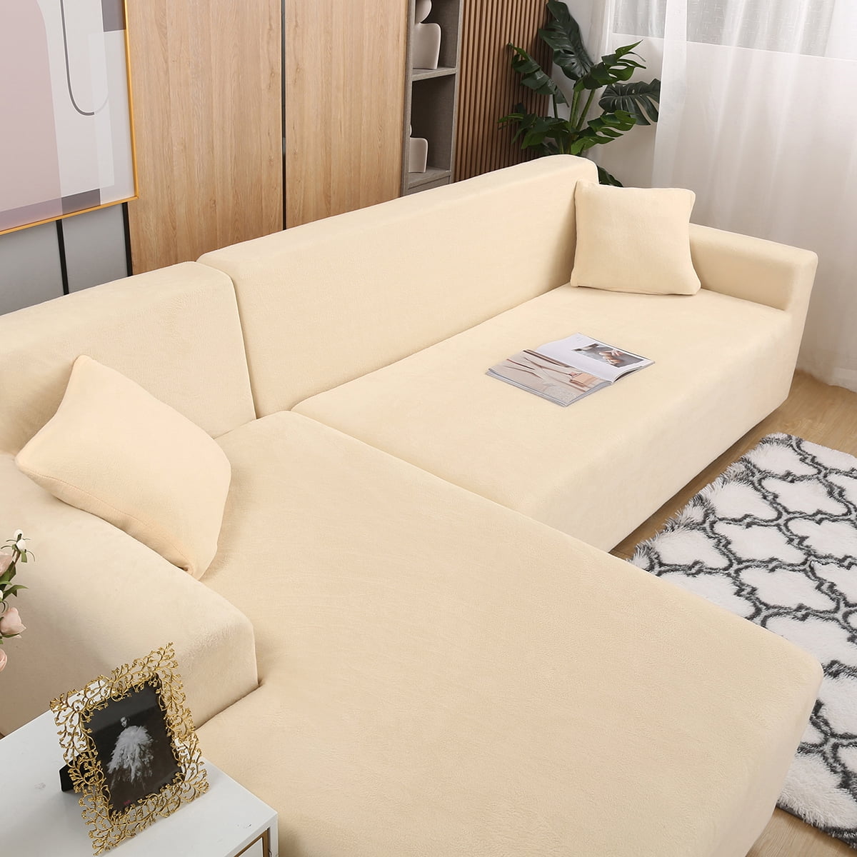 Eurhowing Sectional Couch Covers L-Shaped Sofa Covers, Velvet Super Stretch 2Pcs Sofa Slipcovers for 3 + 3 Seaters, Softness Corner Couch Cover, Beige
