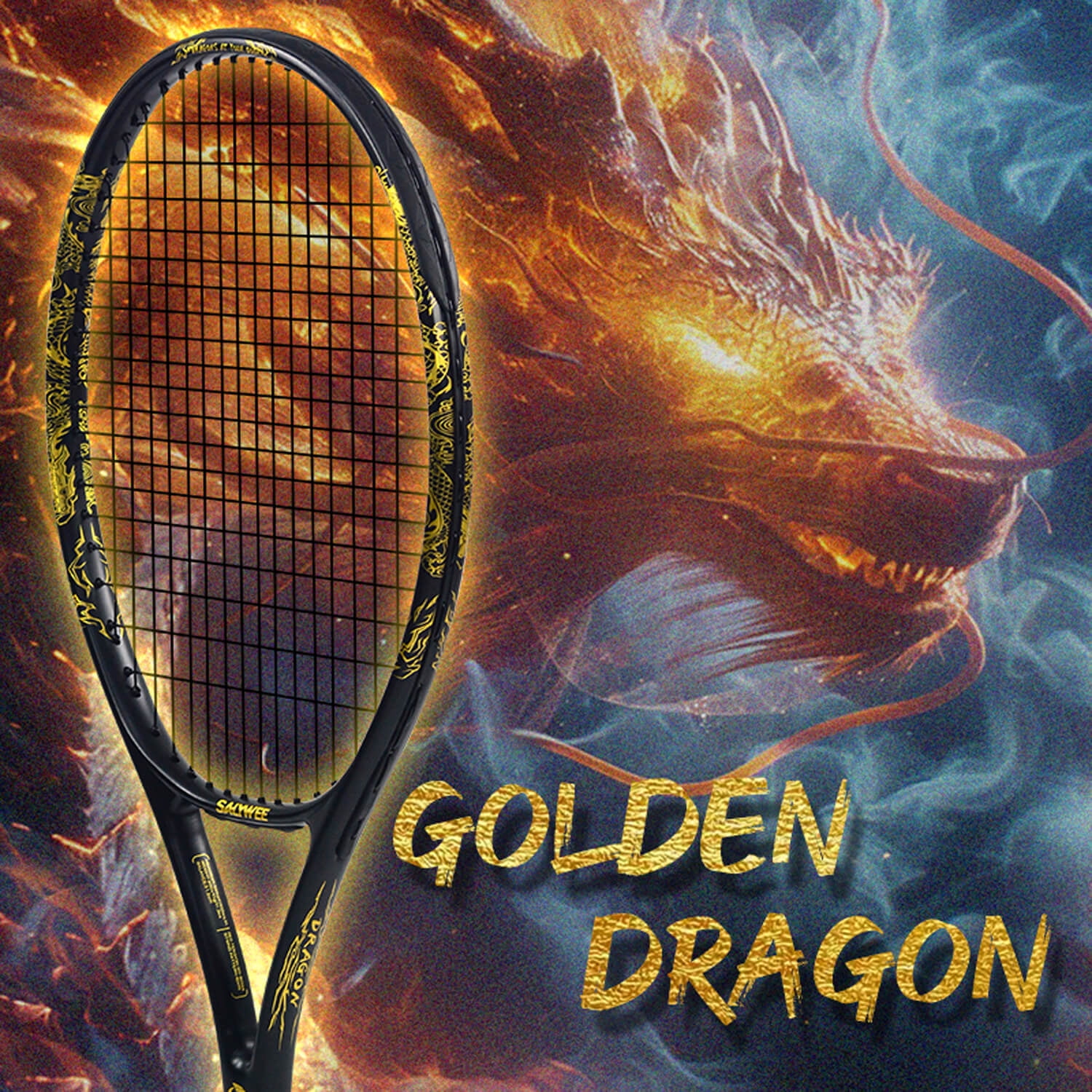 SALYWEE Golden Dragon Series Tennis Racquet, Pre-Strung, Black/White, 11.3 oz. Weight, 105 Sq. in. Racquet Head Size