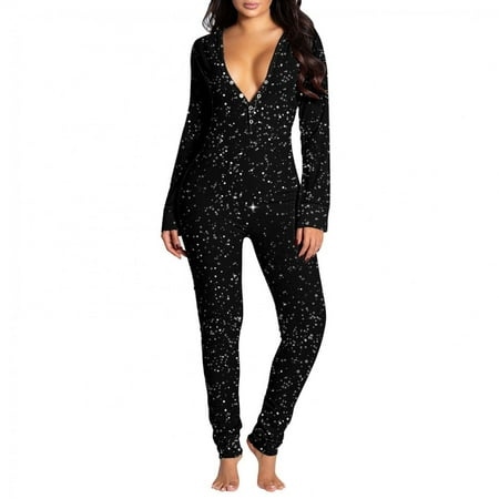 

PEONAVET Onesie Pajamas for Women Sexy V Neck Butt Button Flap Jumpsuit Fashion Printed Jumpsuits Long Sleeve Button Onesies Pajama Club Rompers Sleepwear Gifts for Women