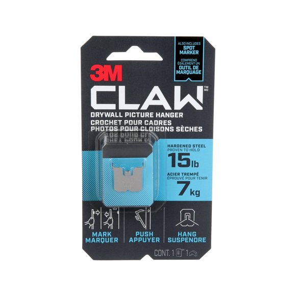 3M™ CLAW Drywall Picture Hanger with Temporary Spot Marker 3PH15M-1EF, Holds 15 lbs,