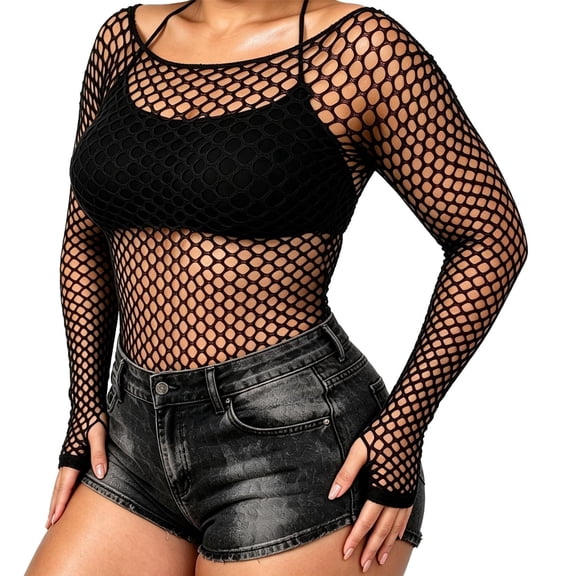 Fishnet Top for Women Elasticity Mesh Blouses Black Long Sleeve (One Size)