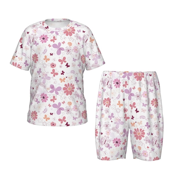 Balery Retro Floral Conjunto de Pijama Infantil de Manga Corta con Estampado – Ropa de Dormir de Algodón Suave-Medium