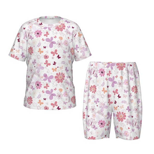 Balery Retro Floral Conjunto de Pijama Infantil de Manga Corta con Estampado – Ropa de Dormir de Algodón Suave-Small