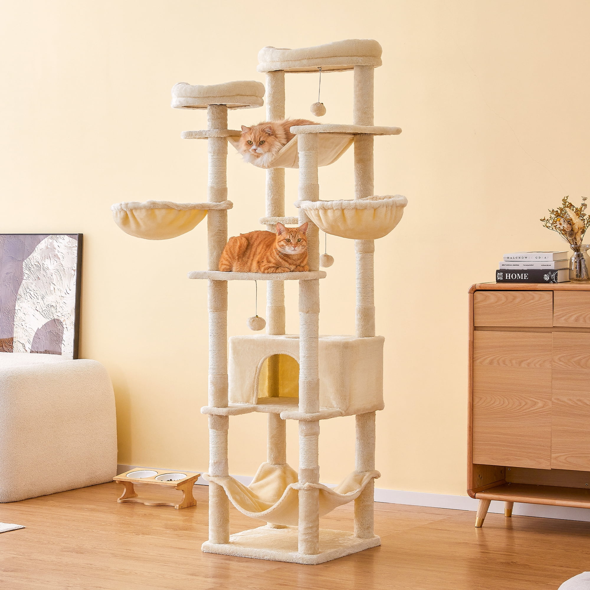 Furcato 77-Inch Cat Tree for Indoor Cats, Multi-Level Large Cat Tower with 4 Hammocks, 2 Padded Perches, Large Cat Condo, Beige