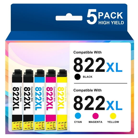 822XL Ink Cartridges 5 Pack, Compatible for Epson 822XL 822 Printer Ink for WorkForce Pro WF-3820 WF-4820 WF-4830 WF-4833 WF-4834 WF-3823 (2 x Black, Cyan, Magenta, Yellow)