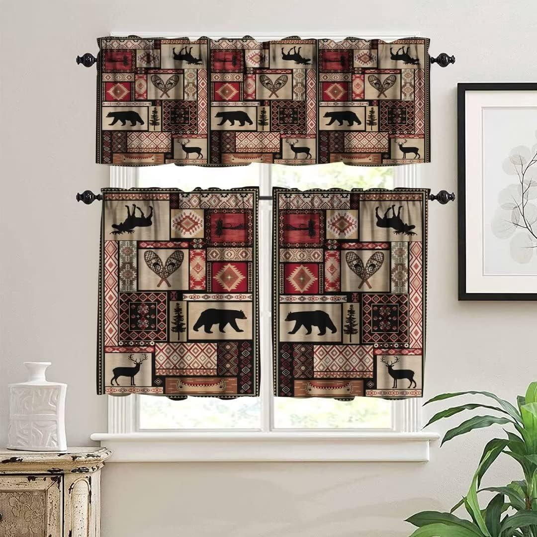 Rustic Bear Country Kitchen Curtain Set - 3-Piece Valance & Tiers, 54x18" & 27x36", Farmhouse Decor