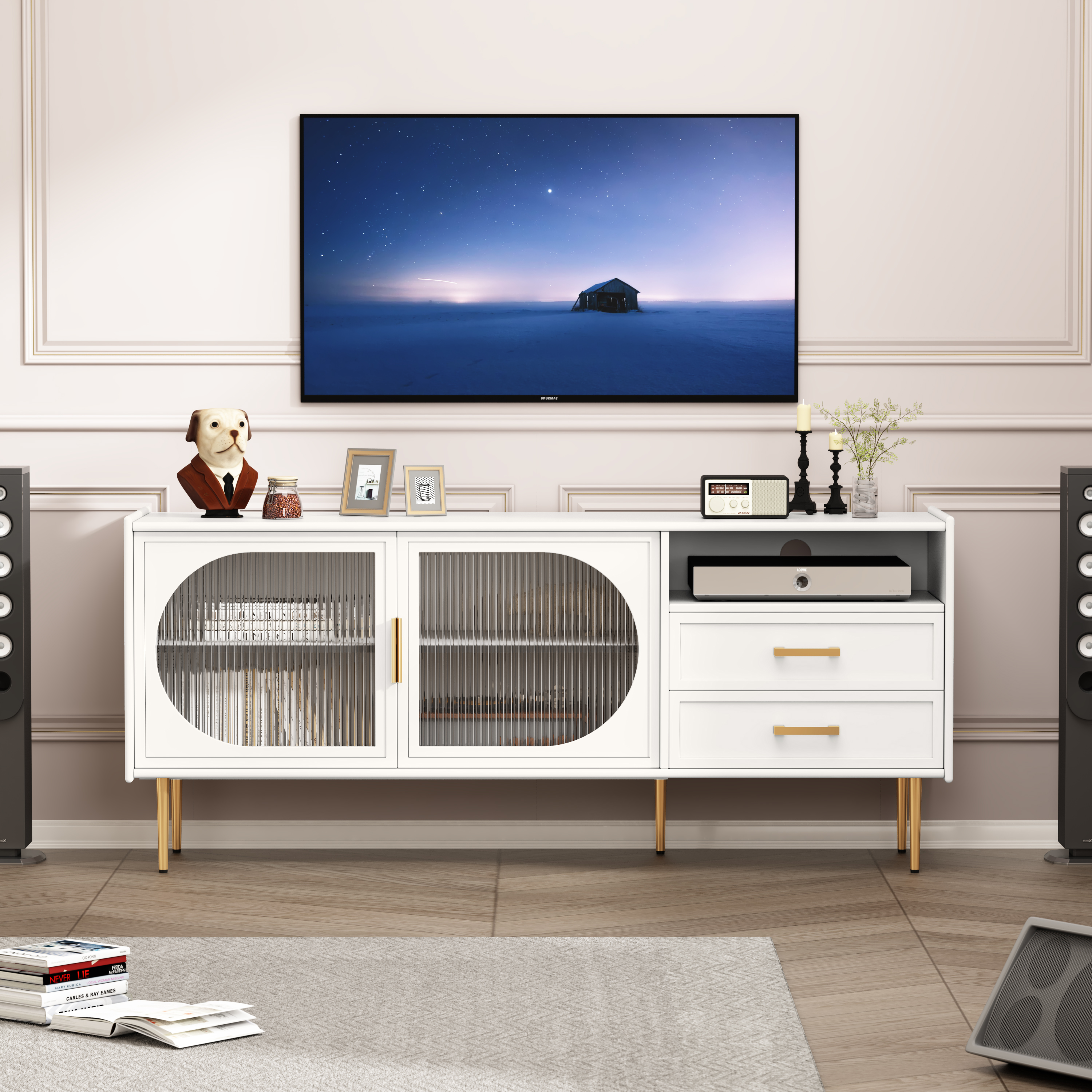 CBJCBJ 60.1" Modern Glass Door TV Cabinet with 2 Drawers and Adjustable Shelves | Entertainment Center for TVs up to 70" | 4 Compartment Media Console Storage