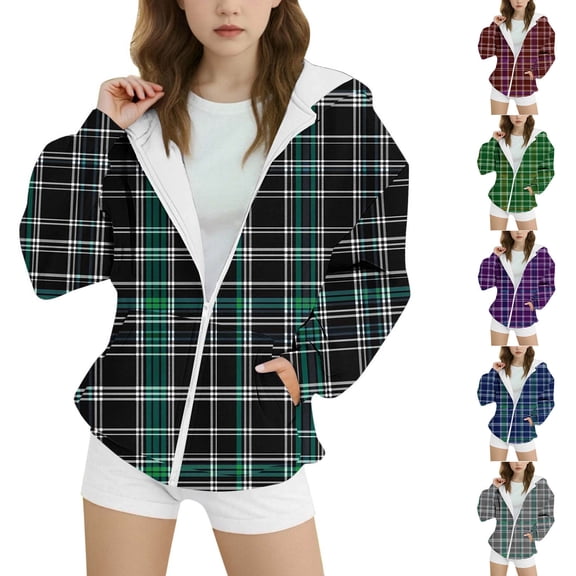 Ashirexll Girls Hoodies Pullover Zip Up Hoodie Girls 3-14 Years Winter Plaid Fashion Casual Velvet Fleece Lined Comfortable Long Sleeve Hooded Zipper Sweatshirt for Kids