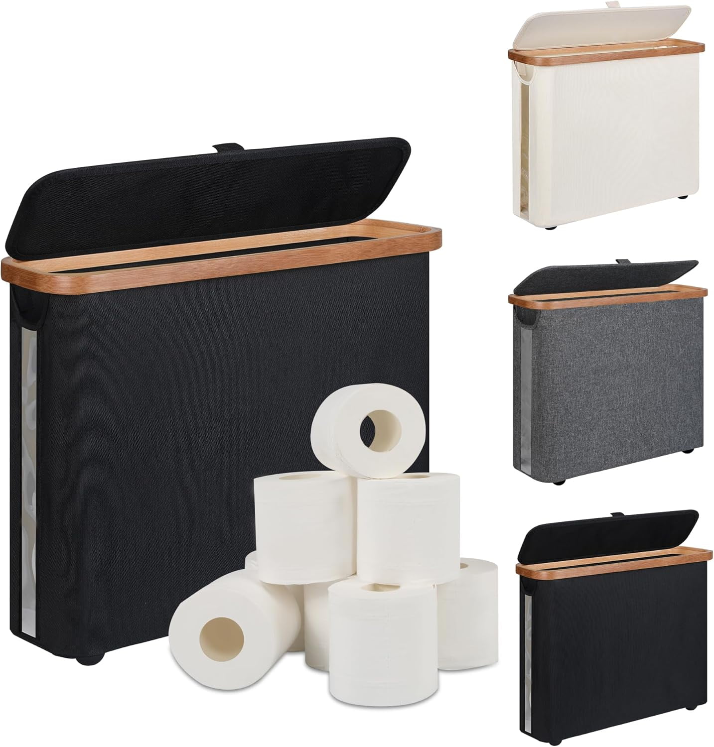 RGHJAR-Toilet Paper Storage Basket with Lid - The Ultimate Bathroom Organizer, Free Standing Toilet Paper Holder for Up to 9 Mega Rolls, Toilet Tissue Storage Bin with Handle for RV Closet, Black