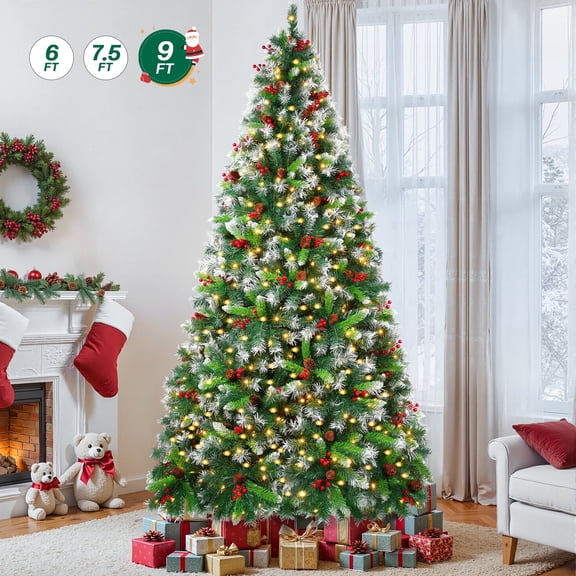 Firstness 9ft Pre-Lit Artificial Christmas Tree,Green Xmas Tree with 2100 Branch Tips 900 LED Lights,Pine Cones Red Berries