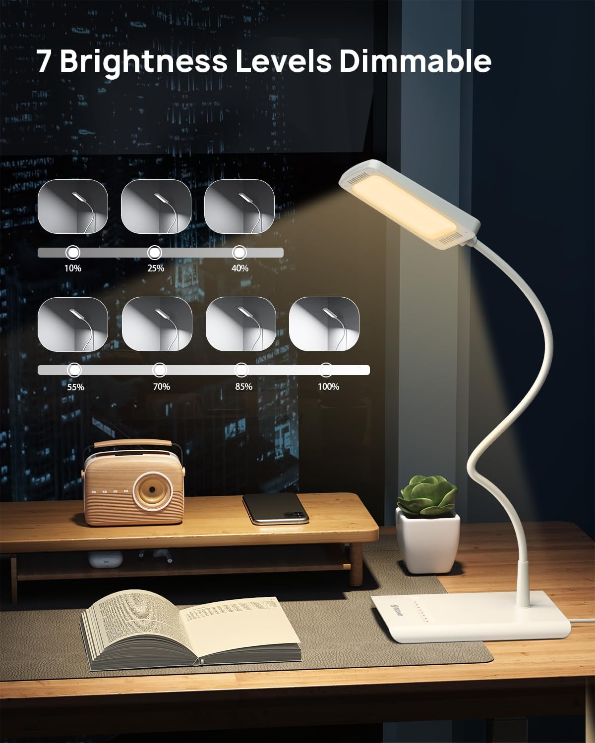 TROND LED Desk Lamp 3 Color Modes 7 Brightness, Dimmable Table Lamp, Eye Caring Reading Light, Adjustable Gooseneck, Touch Control 900LM