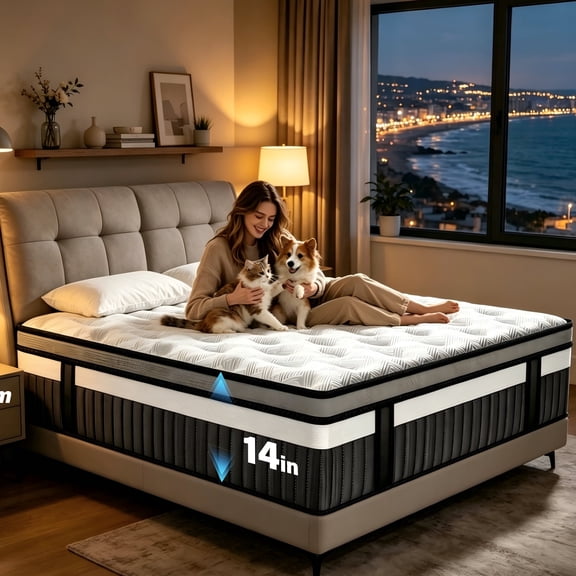 Queen Mattress 14 Inch, Hybrid Mattress with Memory Foam and Pocket Springs, Medium Firm Mattress in a Box, Cooling Sleep, Pressure Relief, Motion Isolation, CertiPUR-US