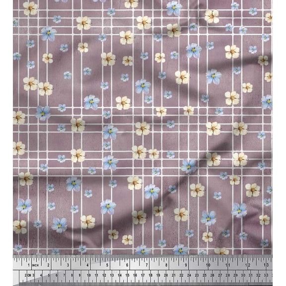 Soimoi Purple Cotton Duck Fabric Check & Floral Printed Craft Fabric by The Yard 42 Inch Wide