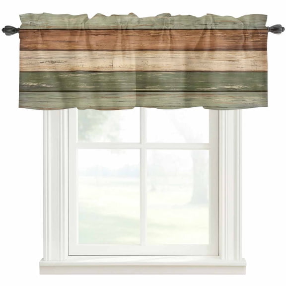 Farmhouse Sage Green Brown Kitchen Valances for Windows, Vintage Wooden Striped Bathroom Window Valances 54x18 Inch Rod Pocket Window Treatments Valance Curtains for Living Room Bedroom Decor