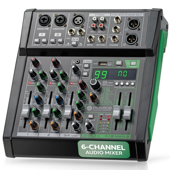 Pyle 6-Channel Audio Mixer, Bluetooth Studio Mixer/DJ Controller with Digital Effects, USB Interface, MP3 Compatible, XLR Inputs and LED Display, Audio Mixing Sound board System 10”x11”x3” inches