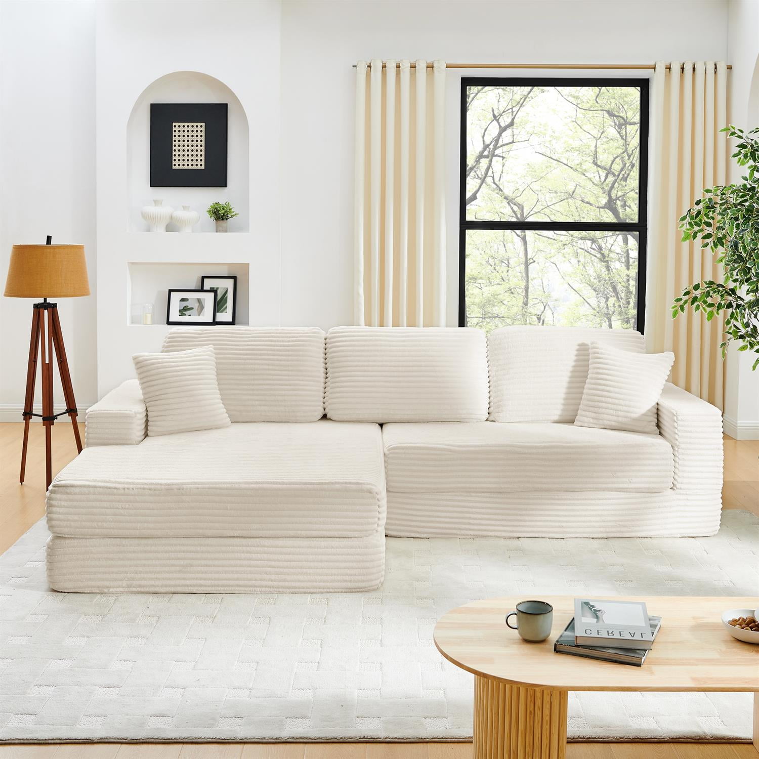 Demi Bonn 111" L Shaped Modular Sectional Sofa, Modern Corduroy Couch with Comfy Left Seat, Unfolds into Bed for Living Room, Beige