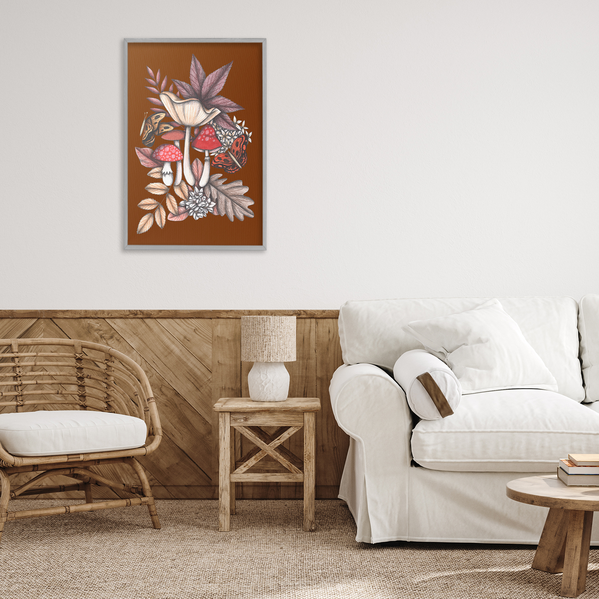 Autumn Mushrooms Magic Gray Framed Giclee Art, design by Cecilia Battaini