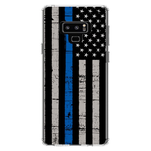 DistinctInk Clear Shockproof Hybrid Case for Samsung Galaxy Note 9 - TPU Bumper, Acrylic Back, Tempered Glass Screen Protector - Weathered Thin Blue Line US Flag - First Responders