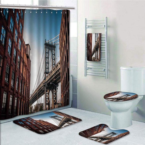 EREHome Manhattan Bridge Seen from a Narrow Alley Island Borough Globally Influential Town NYC 5 Piece Bathroom Set Shower Curtain Bath Towel Bath Rug Contour Mat and Toilet Lid Cover