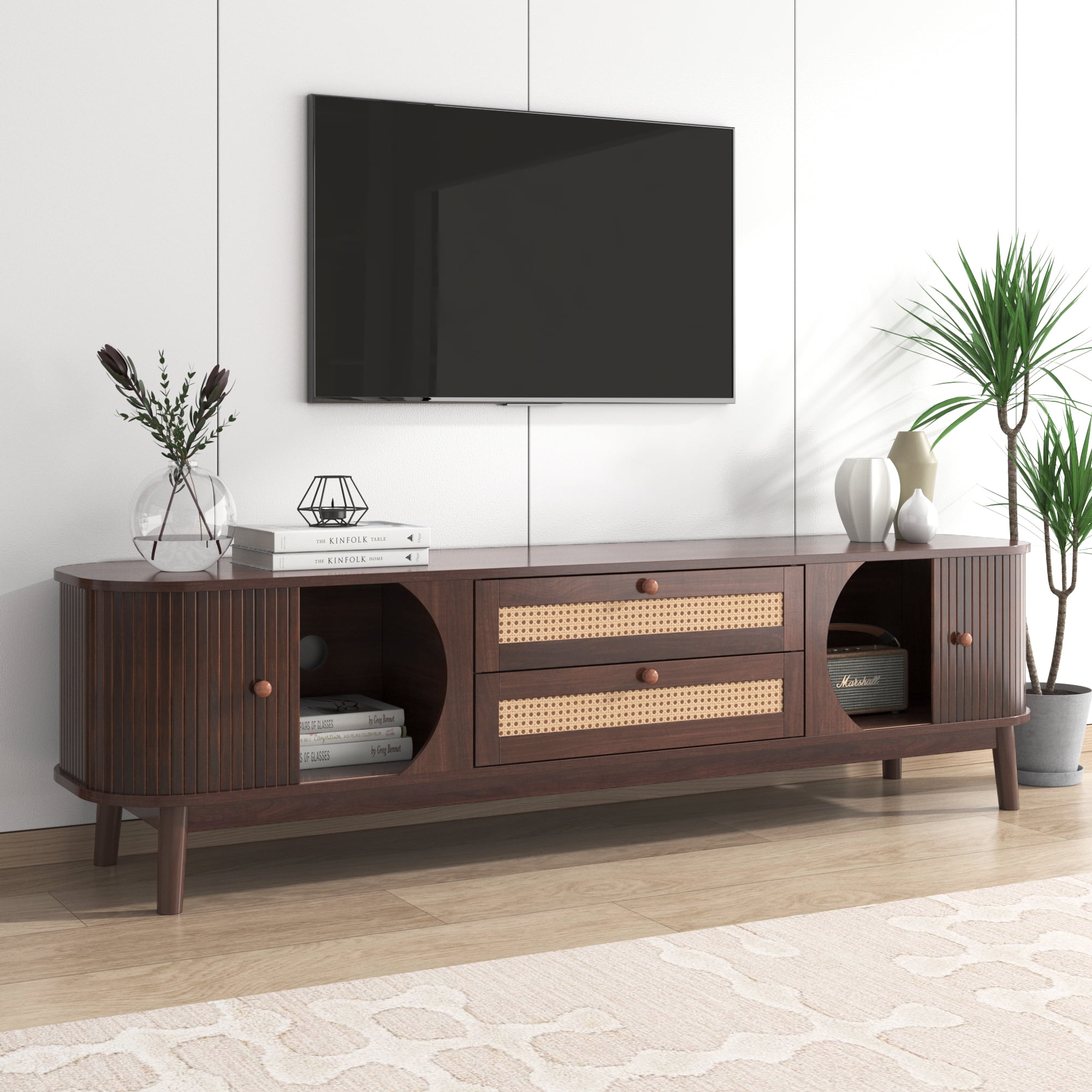 Euroco Rattan TV Stand for TVs up to 75", Modern Entertainment Center with Storage Cabinets, Solid Wood Doors & Cable Management, Mid-Century Media Console for Living Room