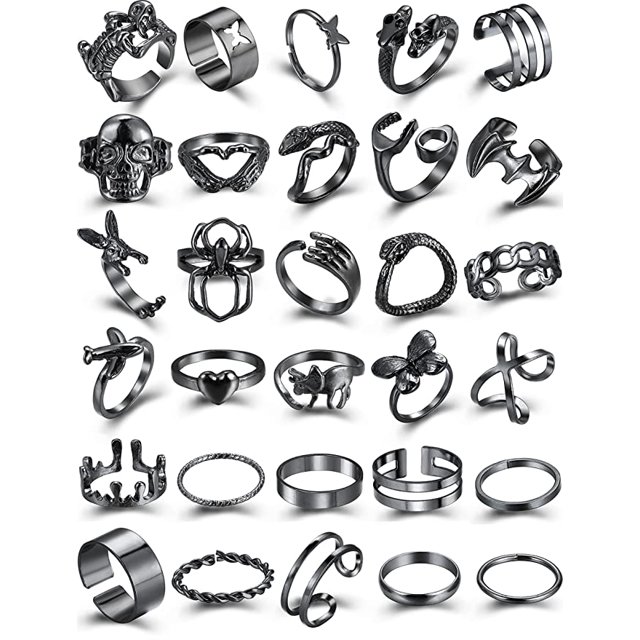 Vintage Silver Chain Punk Finger Rings for Men Women Girls,Cool Gothic Hip Pop Adjustable Full Four Open Rings,Statement Stackable Rings Set,Skull Snake Butterfly Flower Heart Eboy Emo Y2K Ring Set