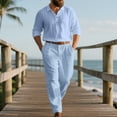 thumbnail image 2 of Men's Long Sleeve Casual Linen Shirt and Pants Set, Lightweight Breathable Outfit for Summer Beach, Relaxed Fit, 2 of 5