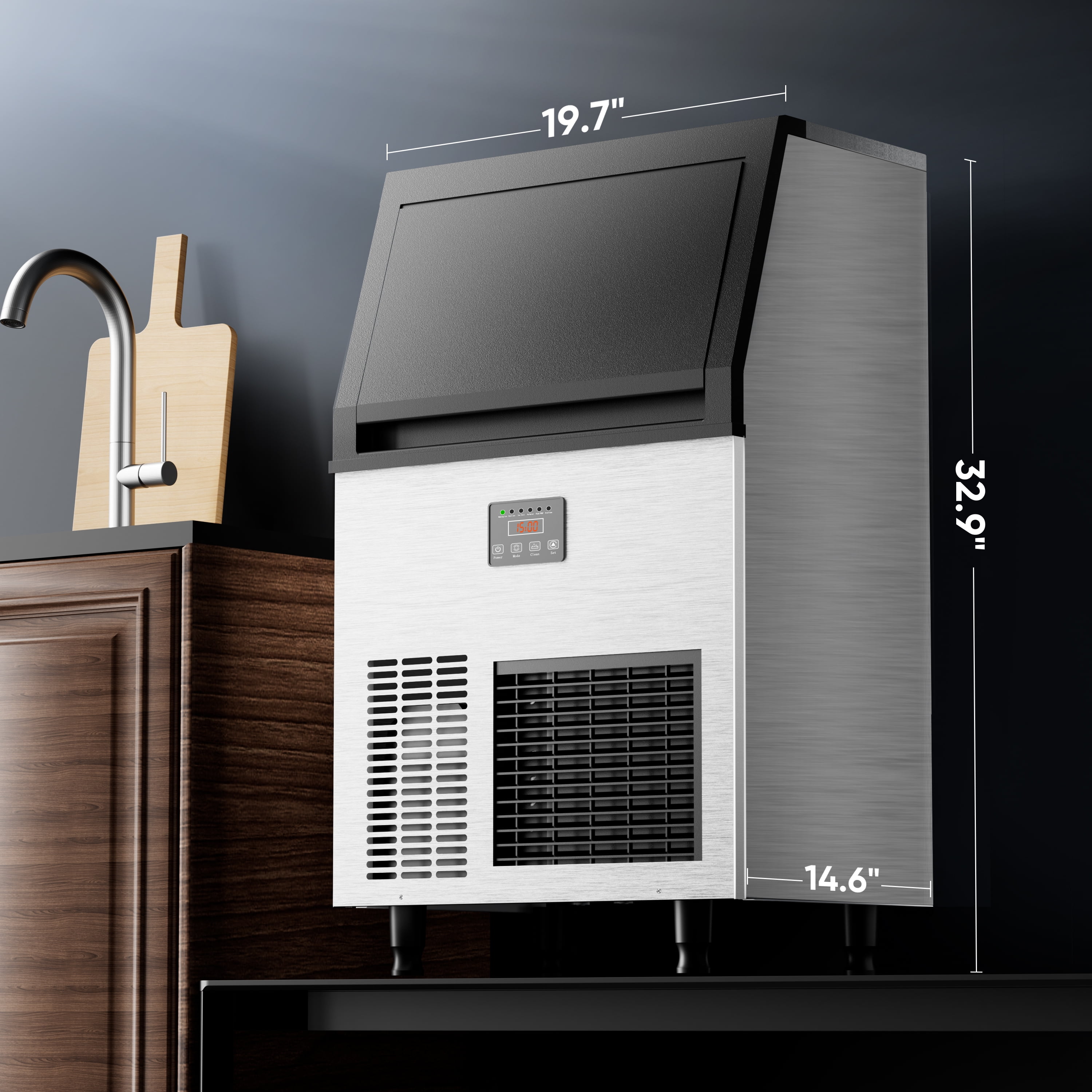 COOLAKE Commercial Ice Maker Machine 130lbs/24H, Under Counter Ice Machine with 34lbs Storage, 115V Air Cooled Stainless Steel Freestanding Ice Maker for Home Outdoor