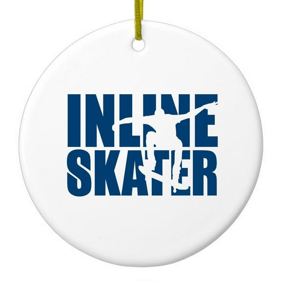 DistinctInk Hanging Ceramic Christmass Tree Ornament with Gold String - Great Gift / Present - 2 3/4 inch diameter - Inline Skater - Skating