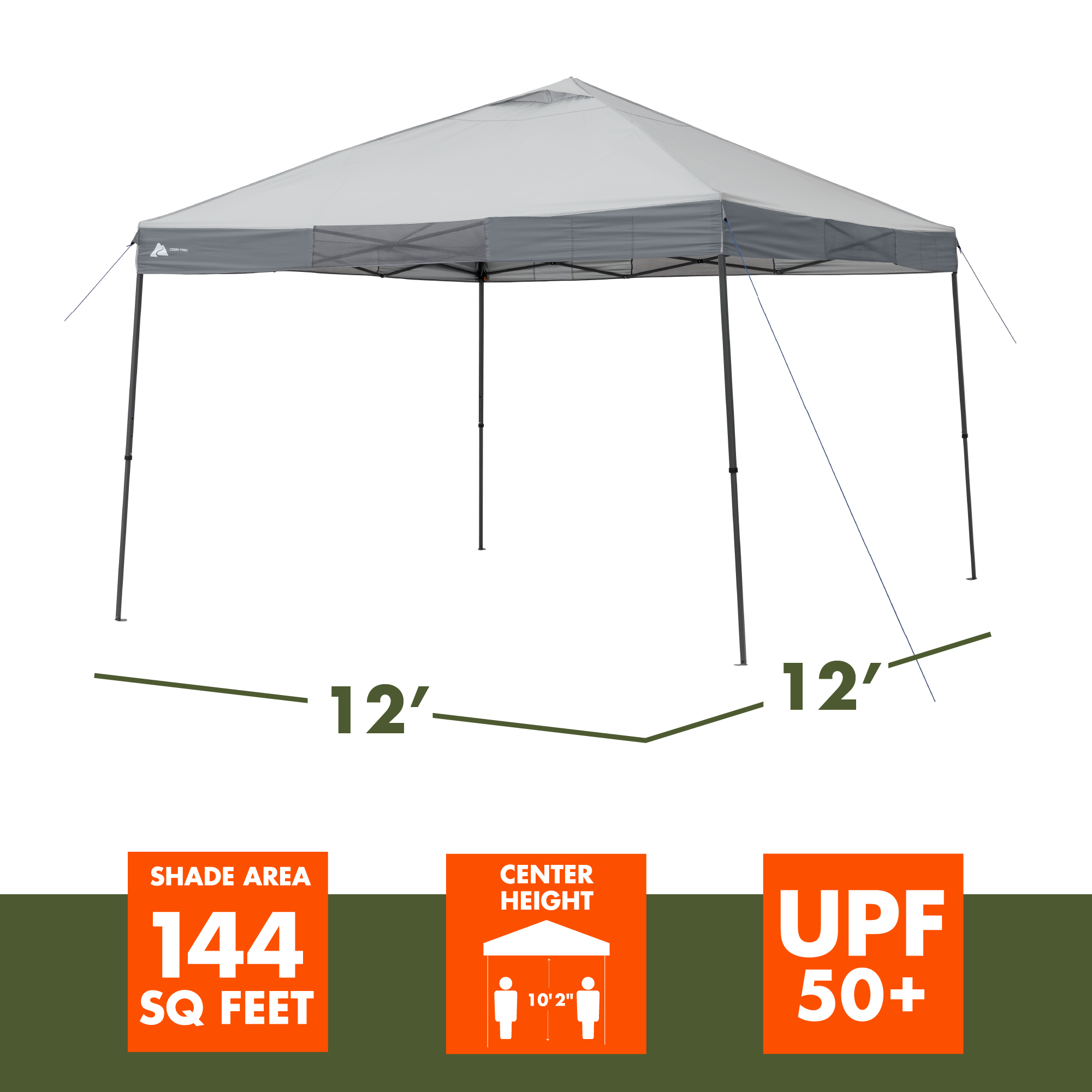 Dosel de Camping Instantáneo Ozark Trail de 12 pies x 12 pies, Patas Rectas, Gris 3