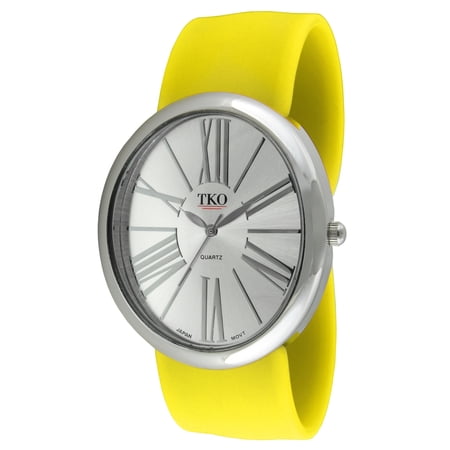 TKO Women Oversized Silver Wrist Slap Watch with Roman Numerals & Silicone Slip-On Bracelet with Magnetic Closure