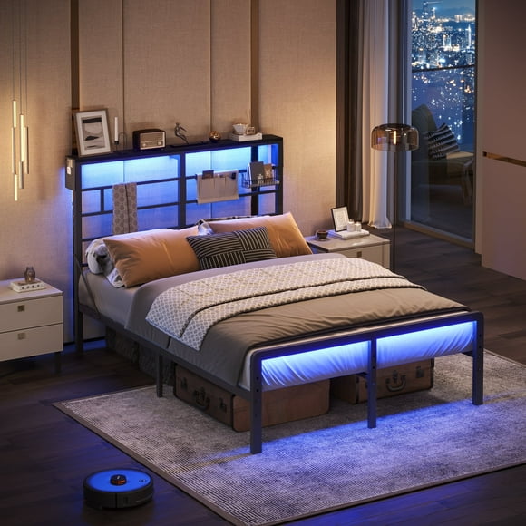 Bestier Cadre de Lit Grand Size avec Tête de Lit DEL et Station de Recharge, Lit Plateforme en Métal avec Rangement sous le Lit Ajustable, Noir
