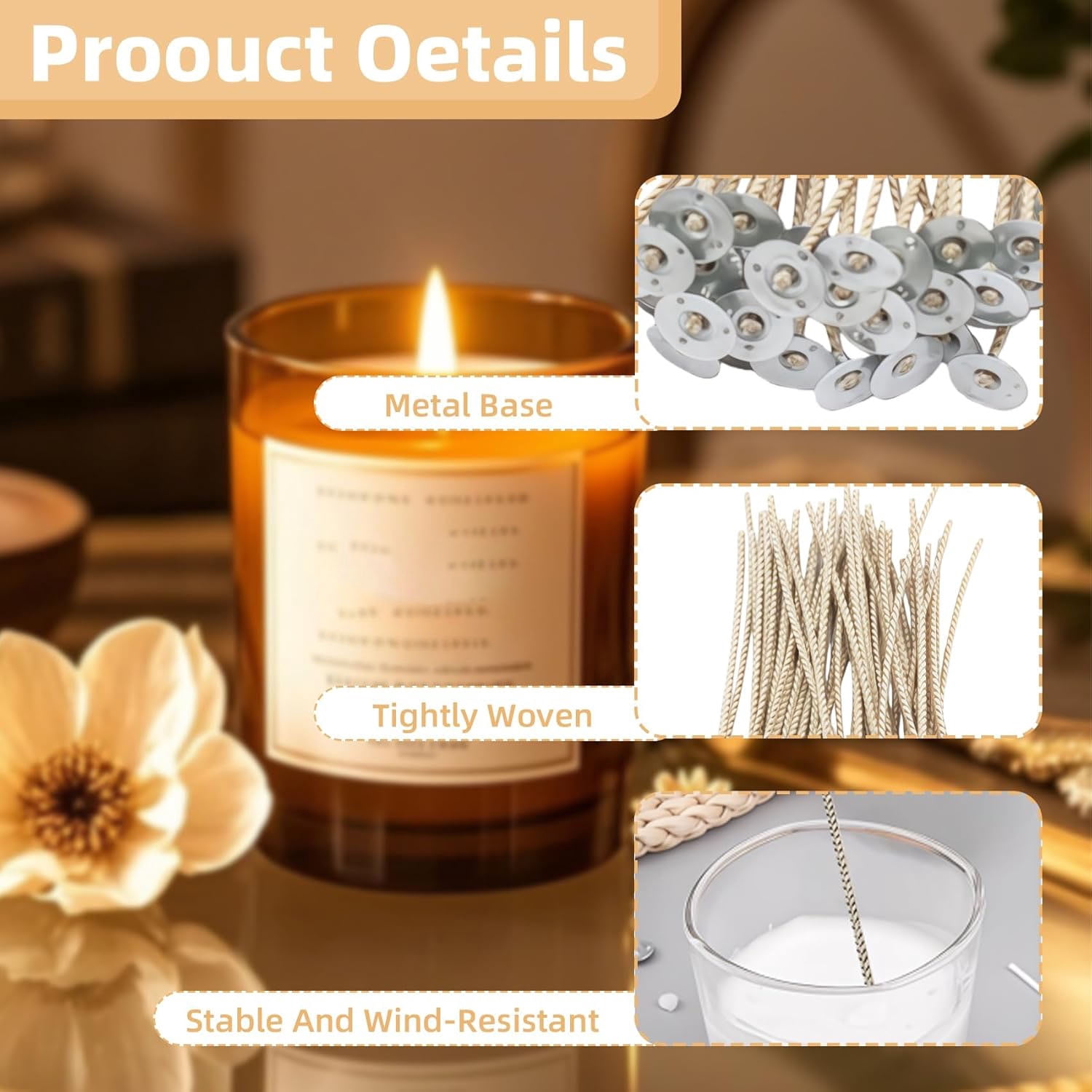 Candle Wicks Kit - 50pcs Natural Candles Wicks with 10pcs Wooden Holders 120 Pcs Wick Stickers for Soy Wax Beeswax Coconut Wax Candle Making Supplies