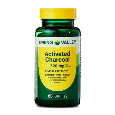 Spring Valley Activated Charcoal Dietary Supplement Capsules for General Wellness, 520 mg, 60 Count