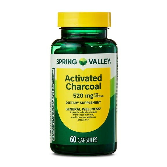Spring Valley Activated Charcoal Dietary Supplement Capsules for General Wellness, 520 mg, 60 Count