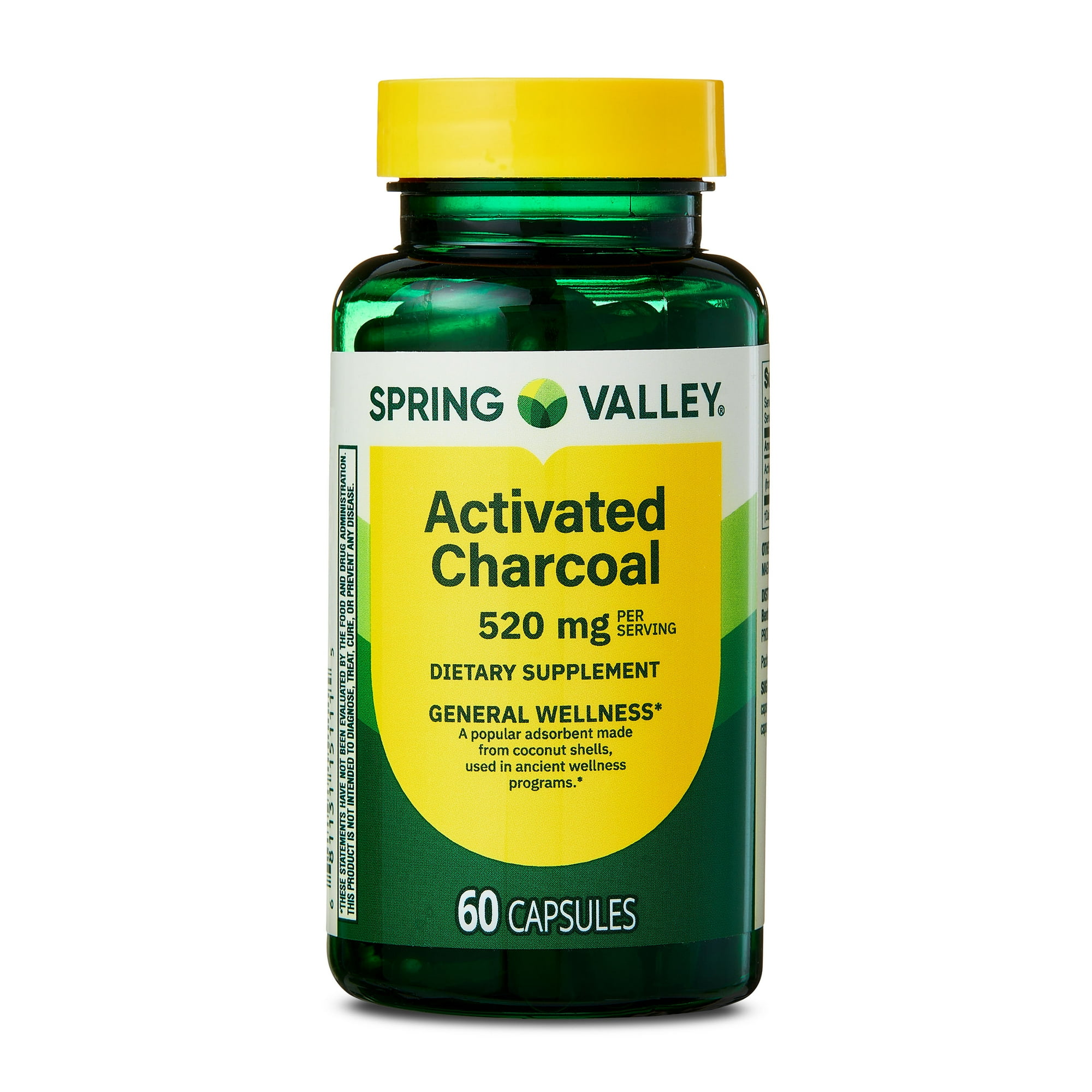 Spring Valley Activated Charcoal Dietary Supplement Capsules for General Wellness, 520 mg, 60 Count