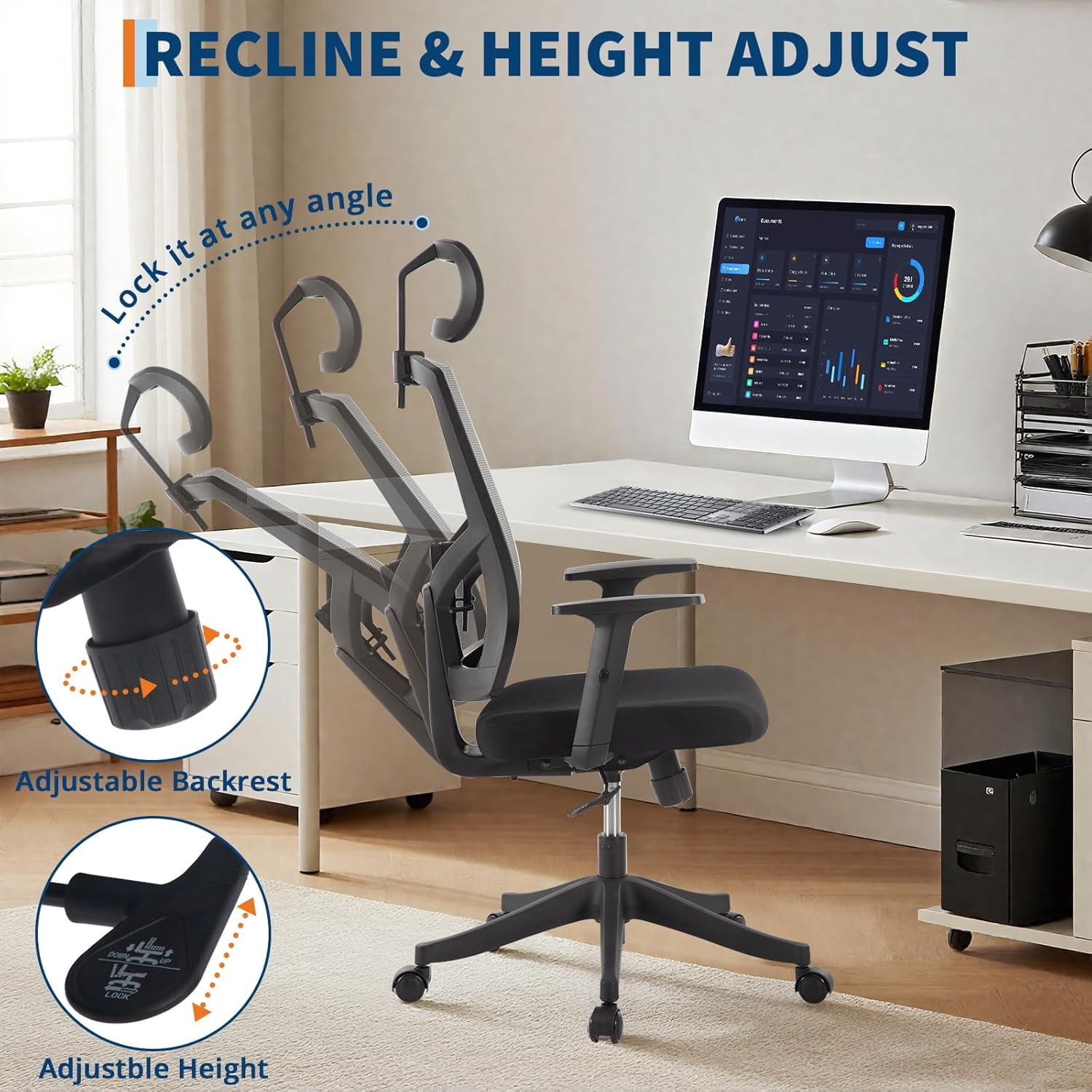 Rugerasy High Back Mesh Office Chair,Ergonomic Desk Chair Reclining,Full Ergonomic Support,Space-Saving Flip-Up Arms,Adjustable Headrest & Recline for Gaming,Black + Gray