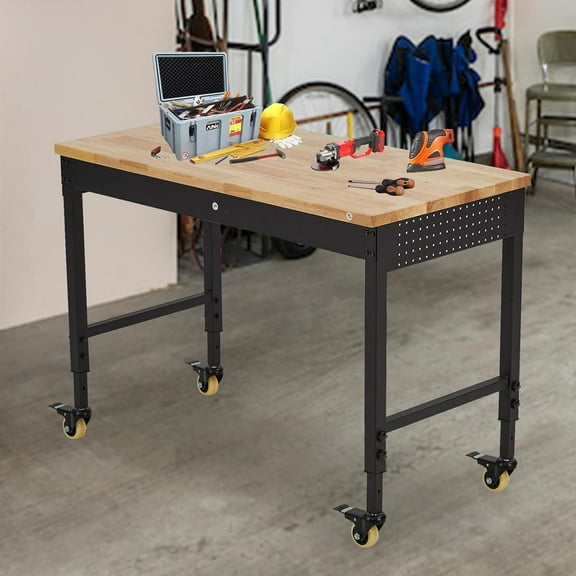 Yeshouse Workbench with Adjustable Height, 2000 LB Capacity, Power Outlets & Wheels | 72" x 25" 1.5 Inch Thickness Heavy-Duty Rubber Wood Workstation for Workshop, Office, Commercial Use
