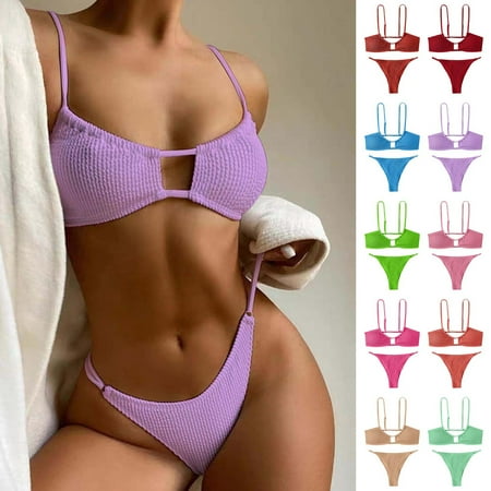 Women s Solid Color Sexy Split Bikini Swimsuit Swimsuit Set Pink qILAKOG Size M