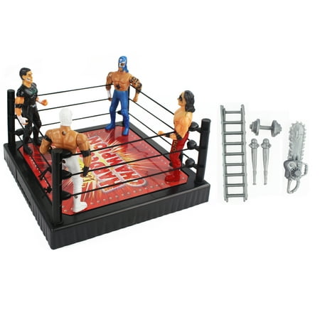 Ultimate Wrestling Match Action Figure Toy Playset with 4 Wrestlers and Wrestling Weapons! Comes with