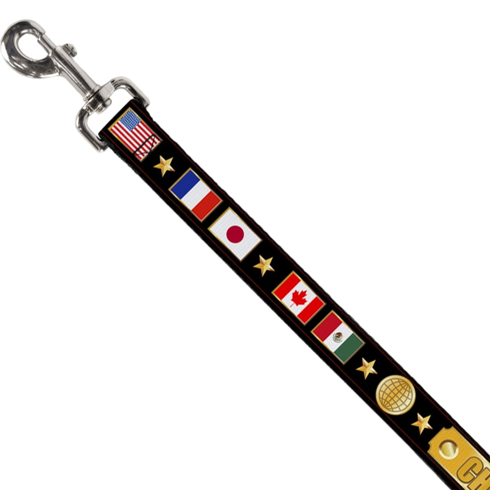 Buckle-Down Pet Leash, Dog Leash, Champion Belt Flags Stars Black Golds, 6 Feet Long 1.0 Inch Wide
