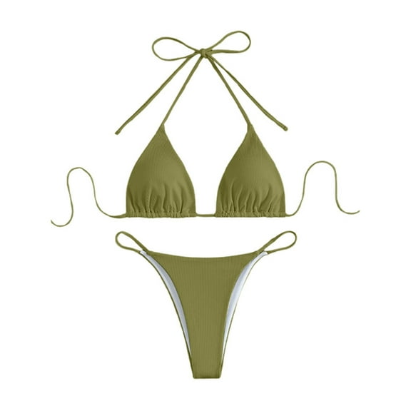 Swim Suits for Women 2025 Solid Three-Point Bikini Spaghetti Strap Stylish Adjustable Army Green Womens Bathing Suits L